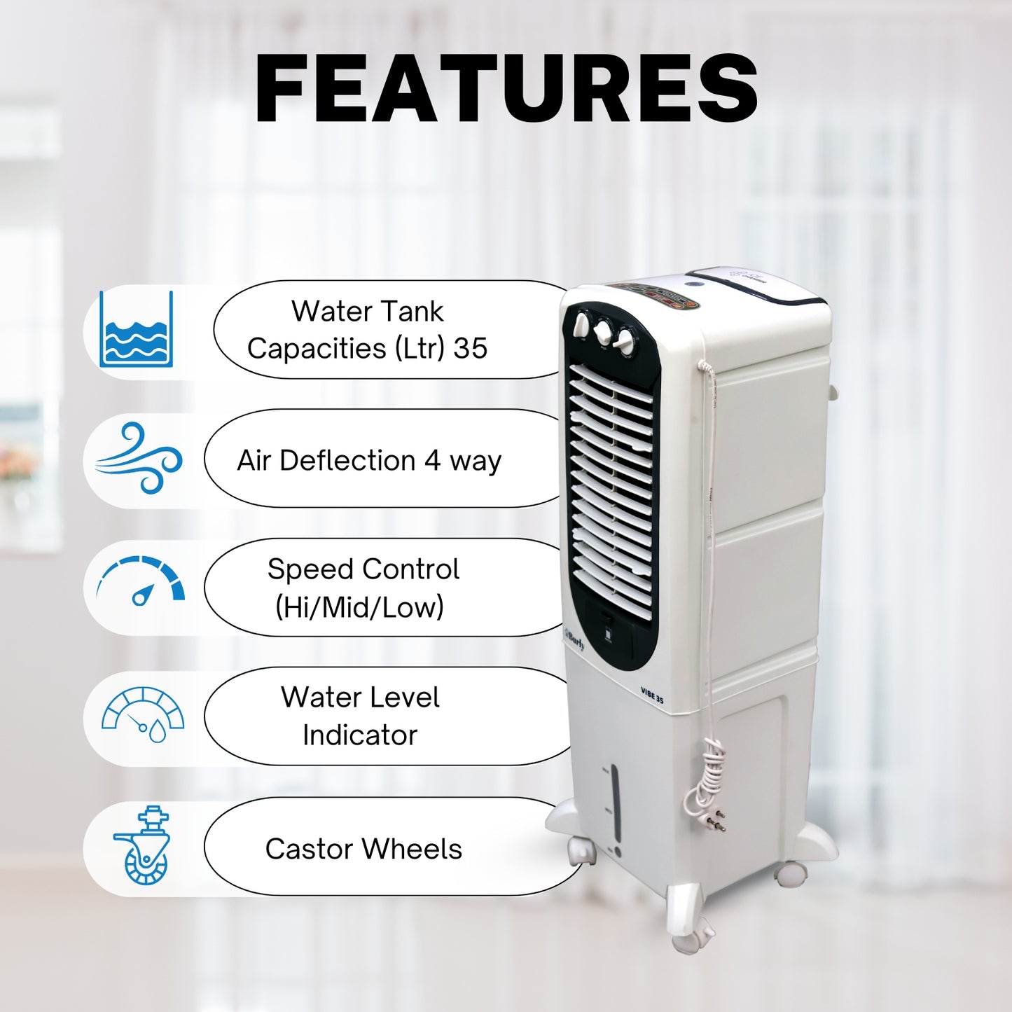 Vibe 35L Tower Cooler – Compact Design. Powerful Cooling.